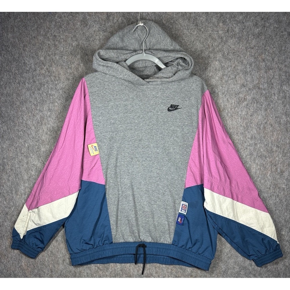 Vintage Nike Sportswear Women's Hooded Pullover Jacket Gray Pink Blue Y2K M